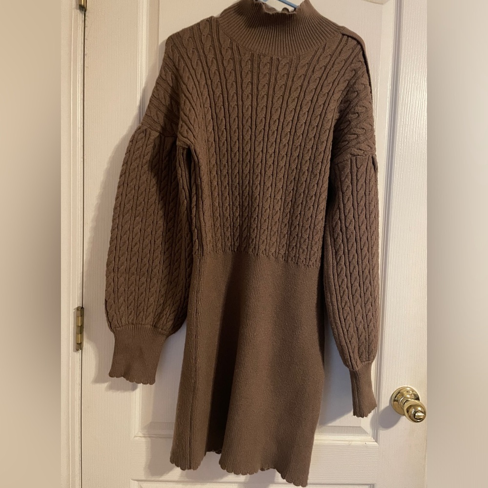 NWOT En‎ Saison Chocolate Cable Knit Mock Neck Balloon Sleeves Sweater Dress L